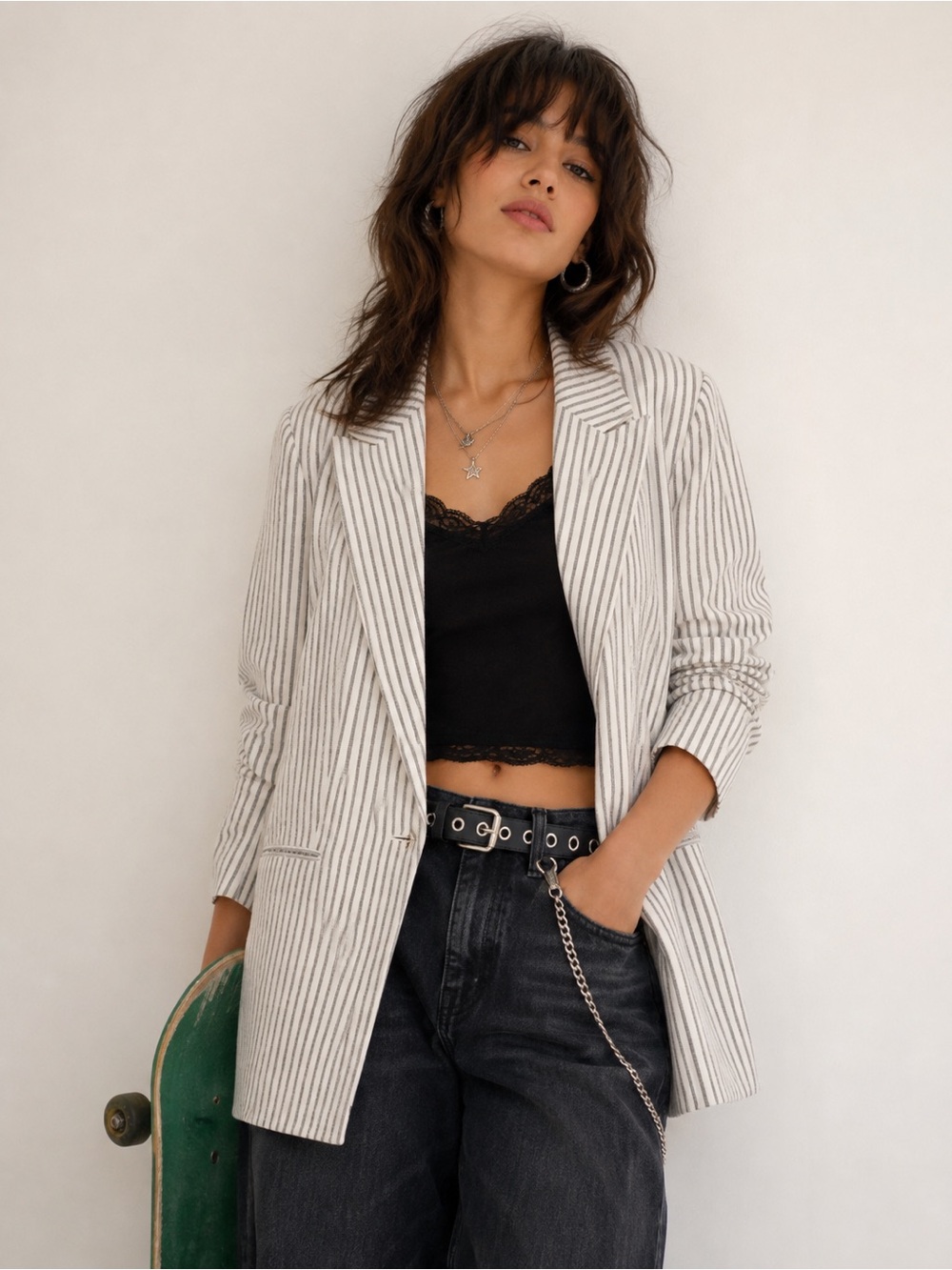 H&M Striped Tailored Blazer | Black & White | Size Small